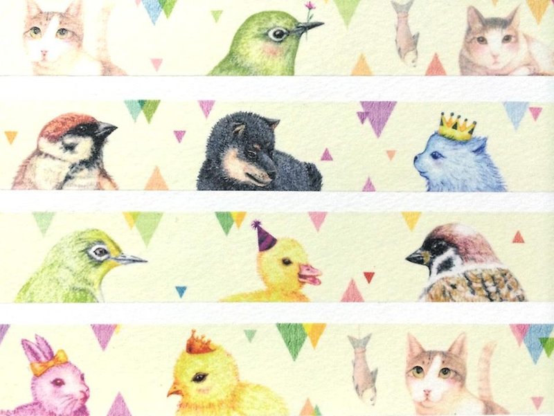 A lot of animal paper tape chickens, ducks, cats, dogs, rabbits, green embroidered sparrows - Washi Tape - Paper Multicolor