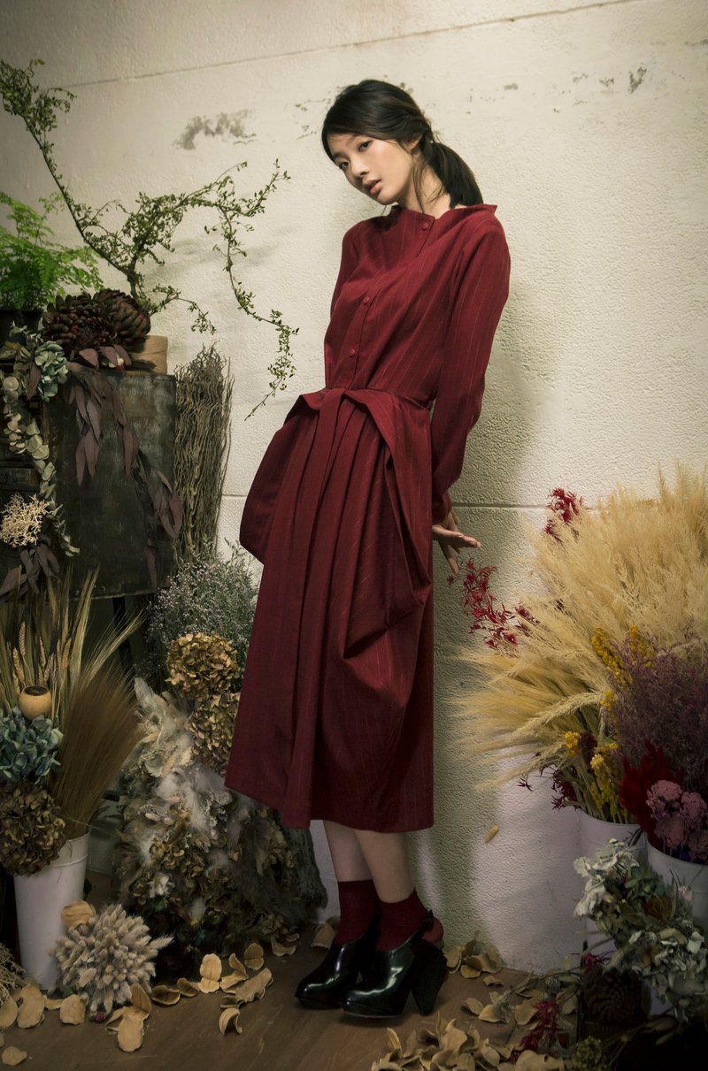 Boat-Neck Long Dress 一字領綁帶洋裝(紅) - 洋裝/連身裙 - 其他材質 紅色