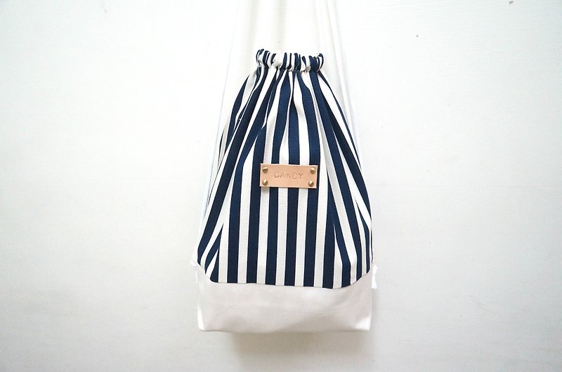 Zhang Wen Qing style blue stripe series (after beam port backpack) / Get a free print name leather standard - กระเป๋าหูรูด - วัสดุอื่นๆ สีน้ำเงิน