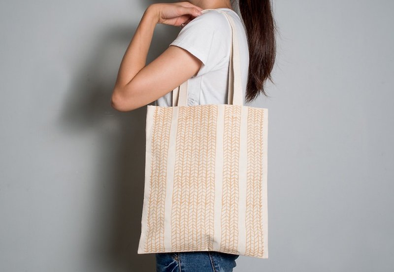 Hand-painted hand-printed embryo cloth bag [Rice ear] Single-sided / double-sided portable / shoulder wheat color / Teal - กระเป๋าแมสเซนเจอร์ - ผ้าฝ้าย/ผ้าลินิน สีทอง