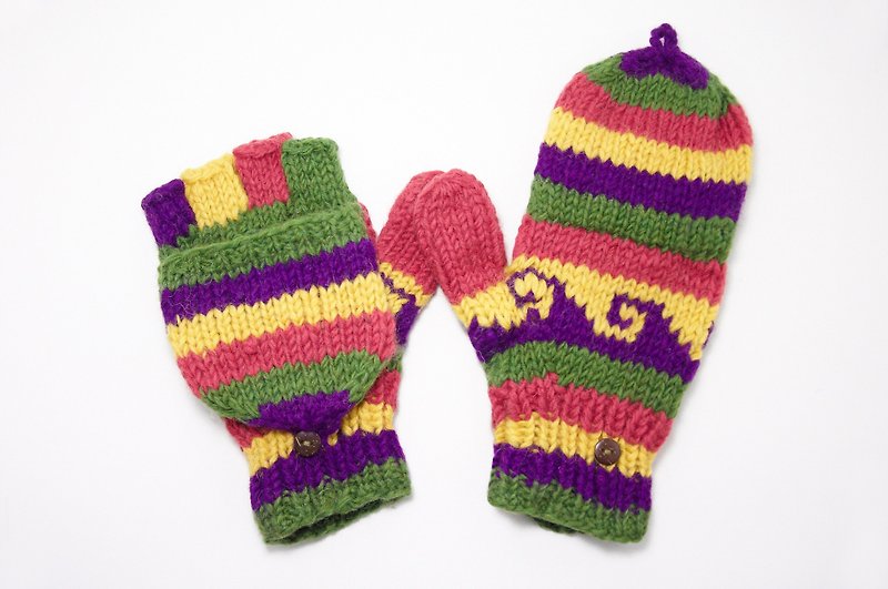 新年禮物 限量一件手織純羊毛針織手套 / 可拆卸手套 / 內刷毛手套 / 保暖手套 - 撞色民族圖騰 - 手套 - 其他材質 多色