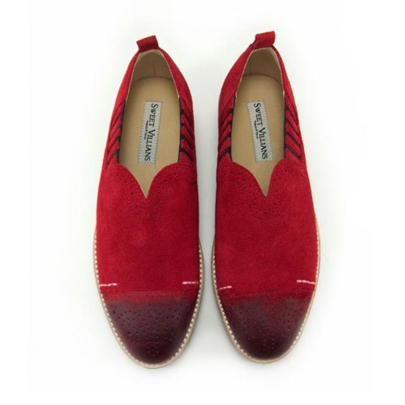 Sweet Villians 渲染蠟頭牛麂皮楔形厚底鬆糕鞋W1040，酒紅 - รองเท้าลำลองผู้หญิง - หนังแท้ สีแดง