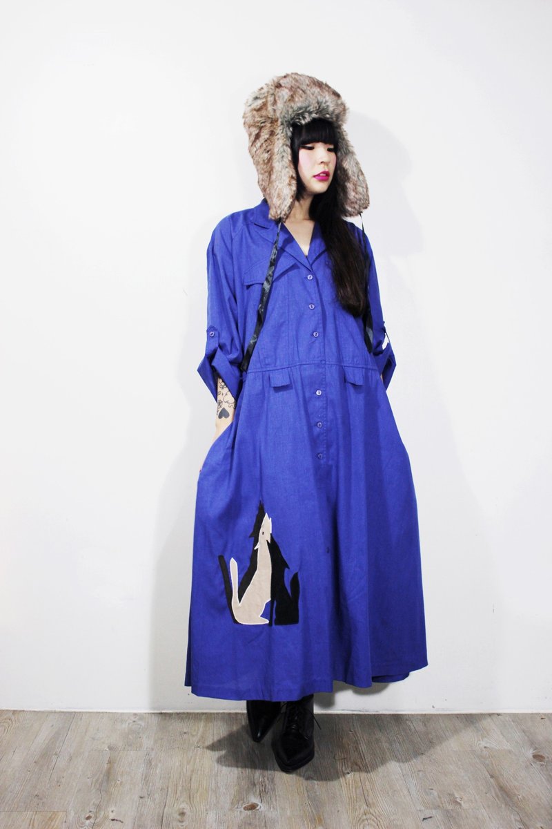 F611 (Vintage) is the back-breasted dark blue three shepherds pattern cotton long-sleeved dress {vintage} - One Piece Dresses - Other Materials Blue