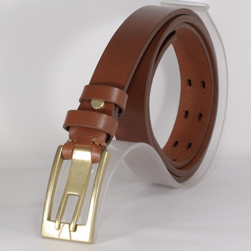 Handmade belt female leather narrow belt brown 2L free customized lettering service - เข็มขัด - หนังแท้ สีทอง