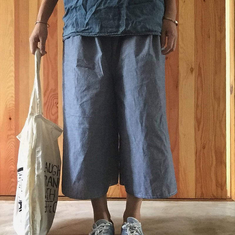 Last ㄧ member! Japanese Wide nine wide pants natural hand-made clothes padded cotton denim pants Wide elastic nine points - Women's Pants - Other Materials Multicolor