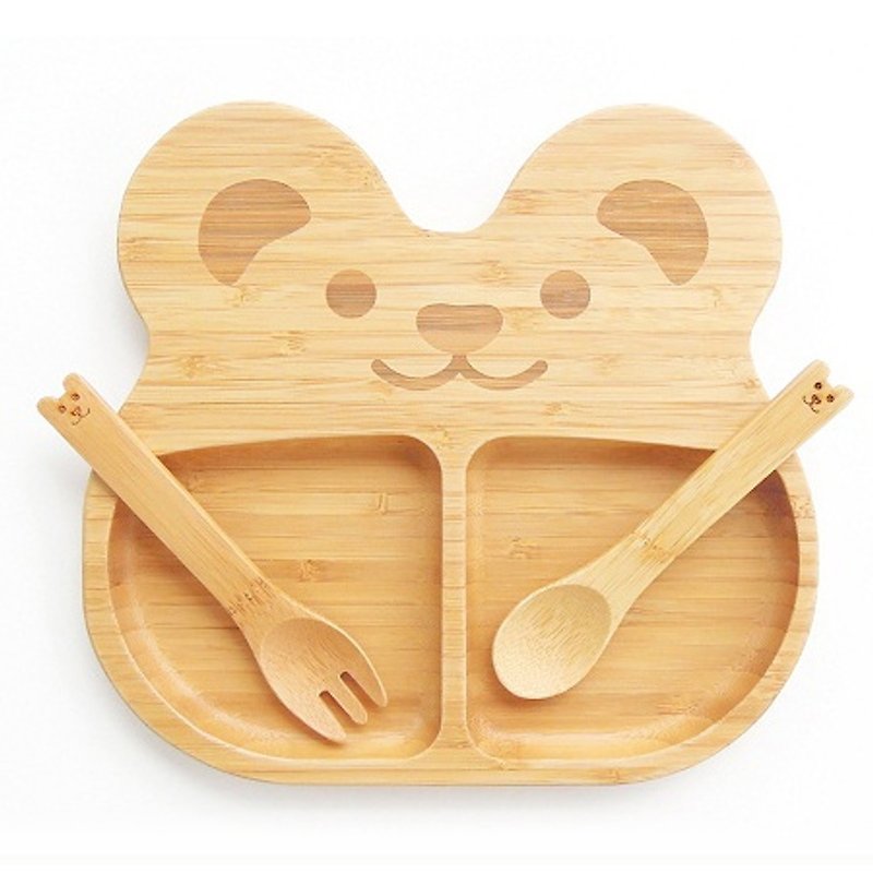 La boos bamboo children's tableware cute QQ bear plate spoon fork - จานเด็ก - ไม้ไผ่ สีเขียว