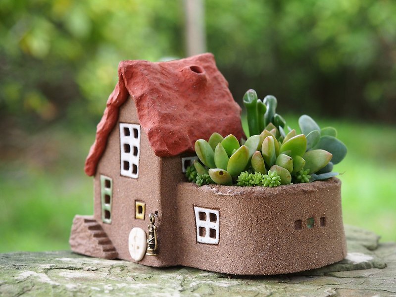 【ガーデンハウスライトガーデン】手作り陶器-超かわいい家と小さな庭（L）/ロックコーヒー - 観葉植物 - その他の素材 