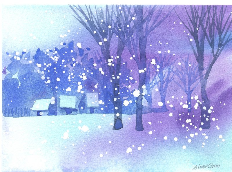 「療癒系樹林系列1-117」水彩手繪限量版明信片/聖誕卡 - 心意卡/卡片 - 紙 藍色