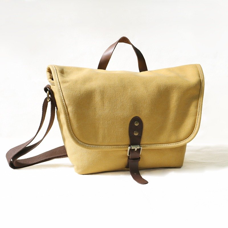 *Mingen Handiwork*original handmade ginger canvas bag SLR camera bag satchel bag man bag handbag - กระเป๋าแมสเซนเจอร์ - วัสดุอื่นๆ สีเหลือง