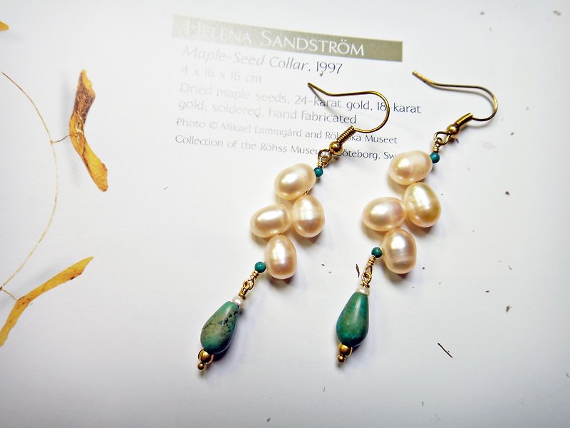 earring. Branches with pearls* turquoise brass ear hooks - ต่างหู - เครื่องเพชรพลอย 