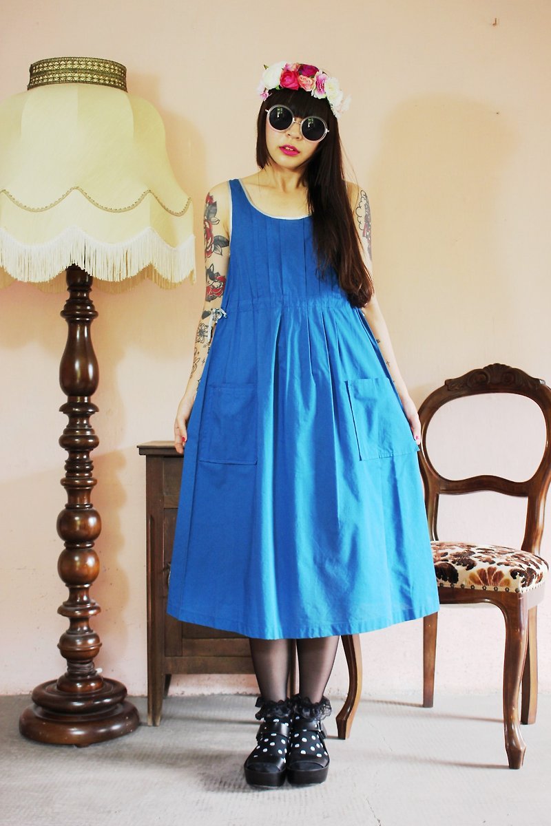 F1021(Vintage){義大利製領標}藍色棉質雙口袋背心無袖古著洋裝[Made in Italy] - 連身裙 - 其他材質 藍色