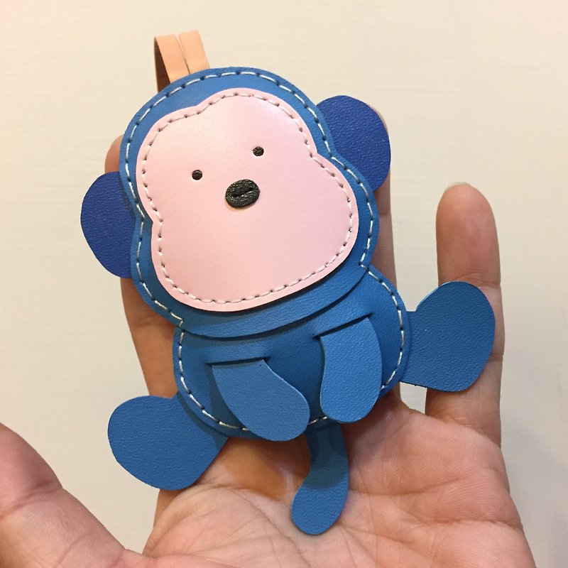 Handmade leather} {Leatherprince Taiwan MIT blue cute monkey hand sewn leather strap / Kelvin the Monkey leather charm in Dark Blue (Large size / large size) - Keychains - Genuine Leather Blue