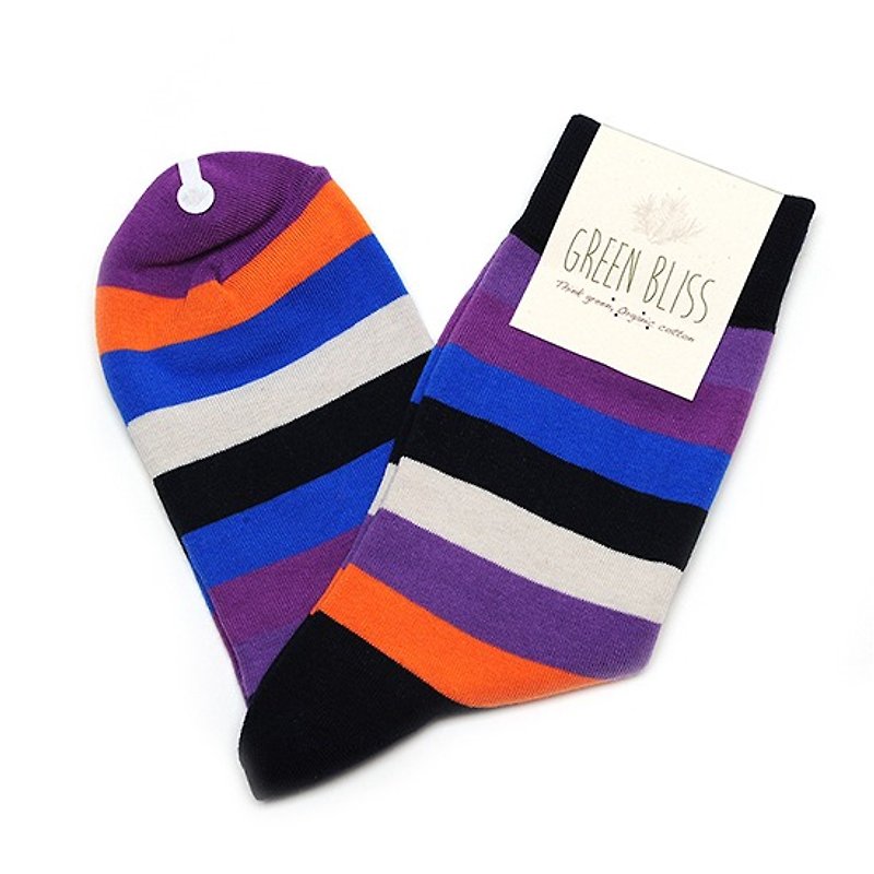 GREEN BLISS Organic Cotton Socks - [Striped Series] Gervera Black Purple Color Striped Stockings (M / D) - ถุงเท้า - ผ้าฝ้าย/ผ้าลินิน สีม่วง