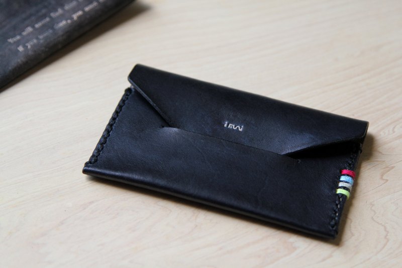 Hand-stitched leather minimalism card holder / card holder / colored stripes + black truffles - ที่เก็บนามบัตร - หนังแท้ สีดำ