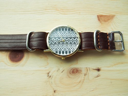 simplus-leather 手工制作 植鞣皮制錶帶配黑色曲線條錶芯