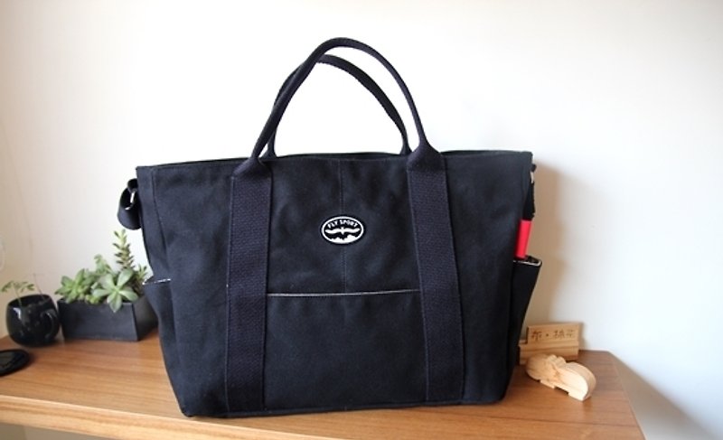 Tote bag, Shoulder bag, large capacity, Black Canvas(XXL), inside fabric re-sele - กระเป๋าถือ - ผ้าฝ้าย/ผ้าลินิน สีดำ