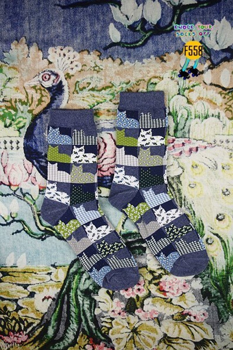 藍貓咪拼布花樣襪!!夏漪眺=knock your socks off !! - 襪子 - 其他材質 灰色