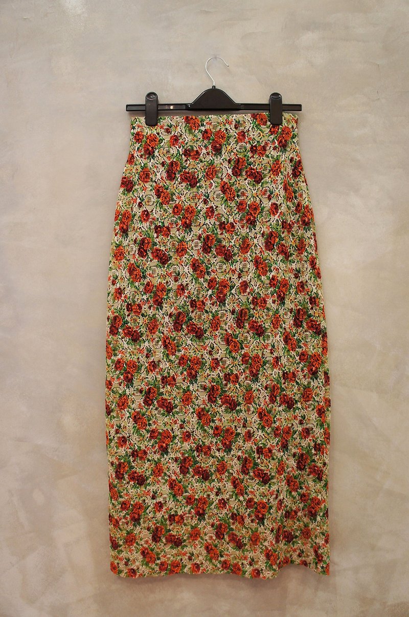 明るいオレンジ色のサテンの絹のドレスヴィンテージの花PDB - スカート - その他の素材 レッド
