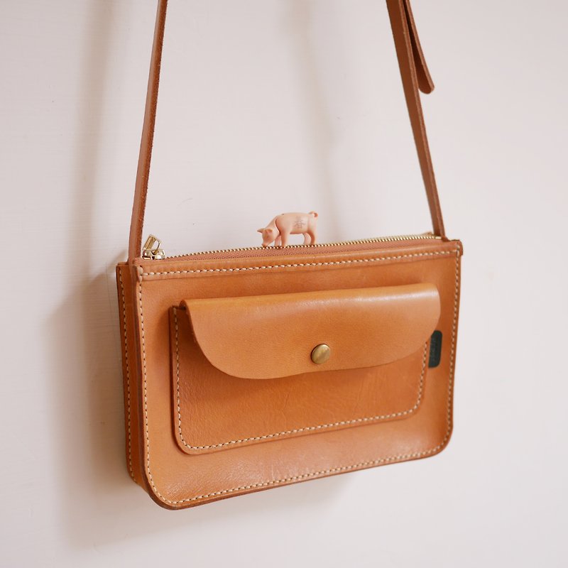 Retro edging zipper pocket bag - กระเป๋าแมสเซนเจอร์ - หนังแท้ สีส้ม