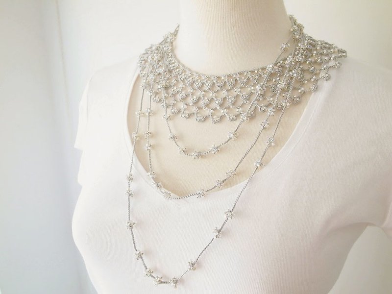 Crochet Lace Jewelry (Byzance II) Necklace - สร้อยคอ - ผ้าฝ้าย/ผ้าลินิน สีเทา