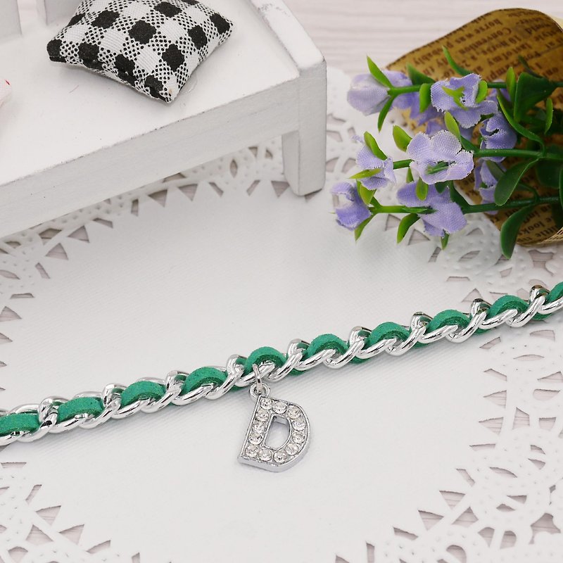 * Poof Princess sugar - Full Diamond Alphabet suede bracelet (Green) Optional word - สร้อยข้อมือ - โลหะ 