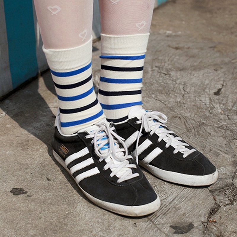 有機棉襪 - 條紋系列 Statice 白底黑藍條紋 中長襪 (男/女) - 襪子 - 棉．麻 白色