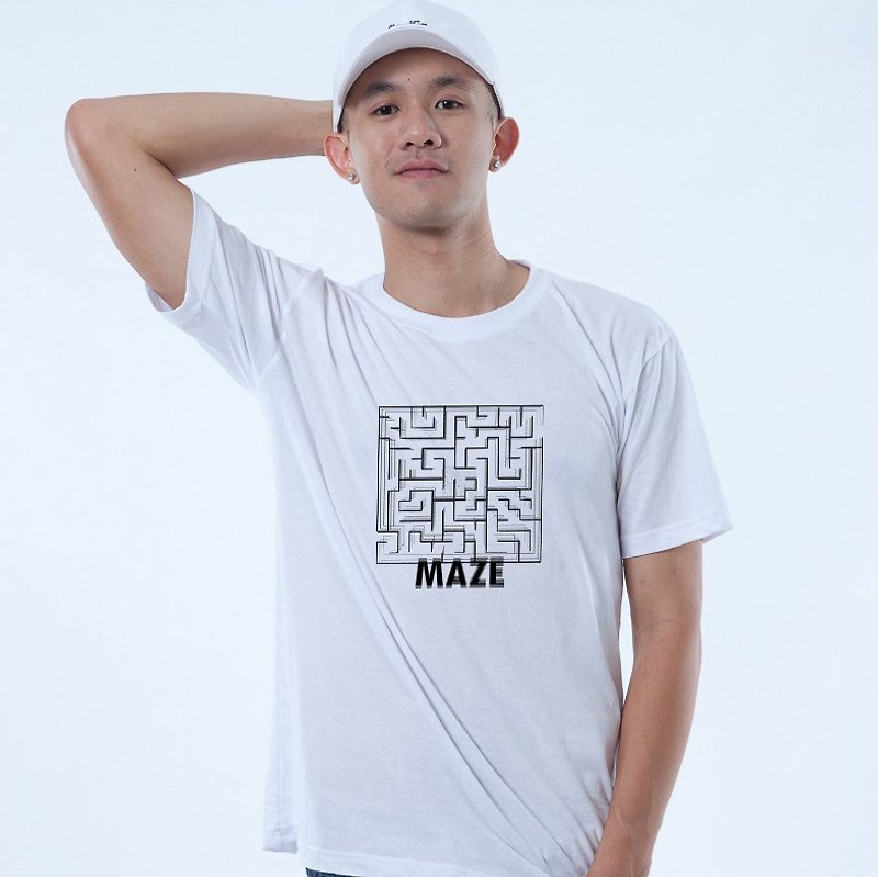 Icarus ICARUS original fashion design short TEE LUST series - "MAZE maze" - เสื้อยืดผู้ชาย - ผ้าฝ้าย/ผ้าลินิน ขาว
