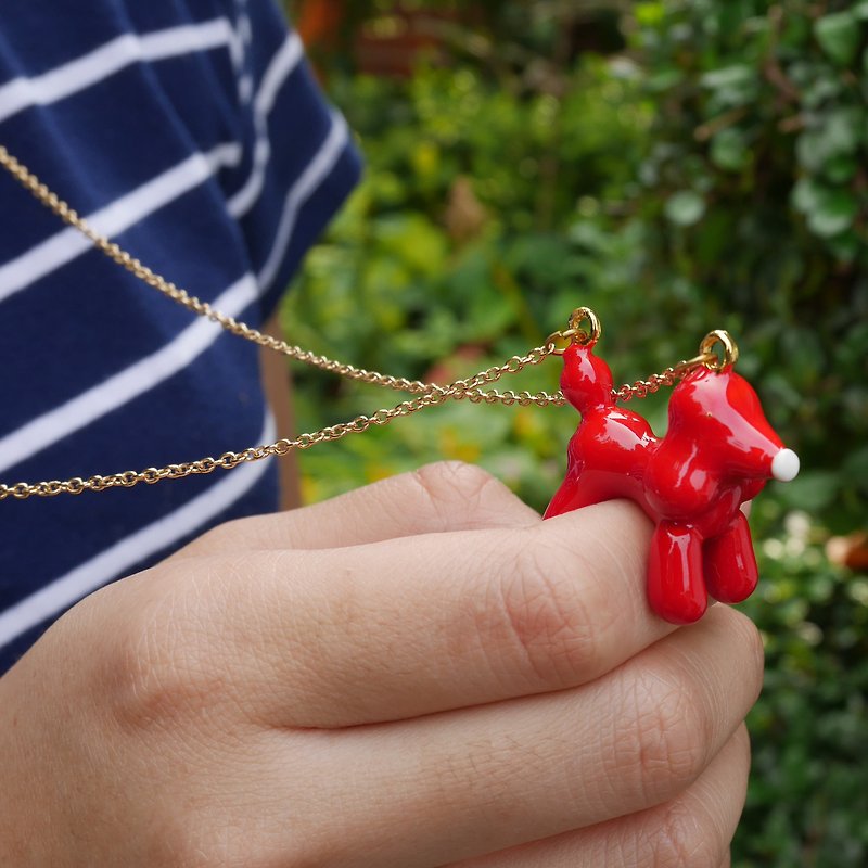 Glorikami Red Balloon Dog Necklace - สร้อยคอ - โลหะ สีแดง