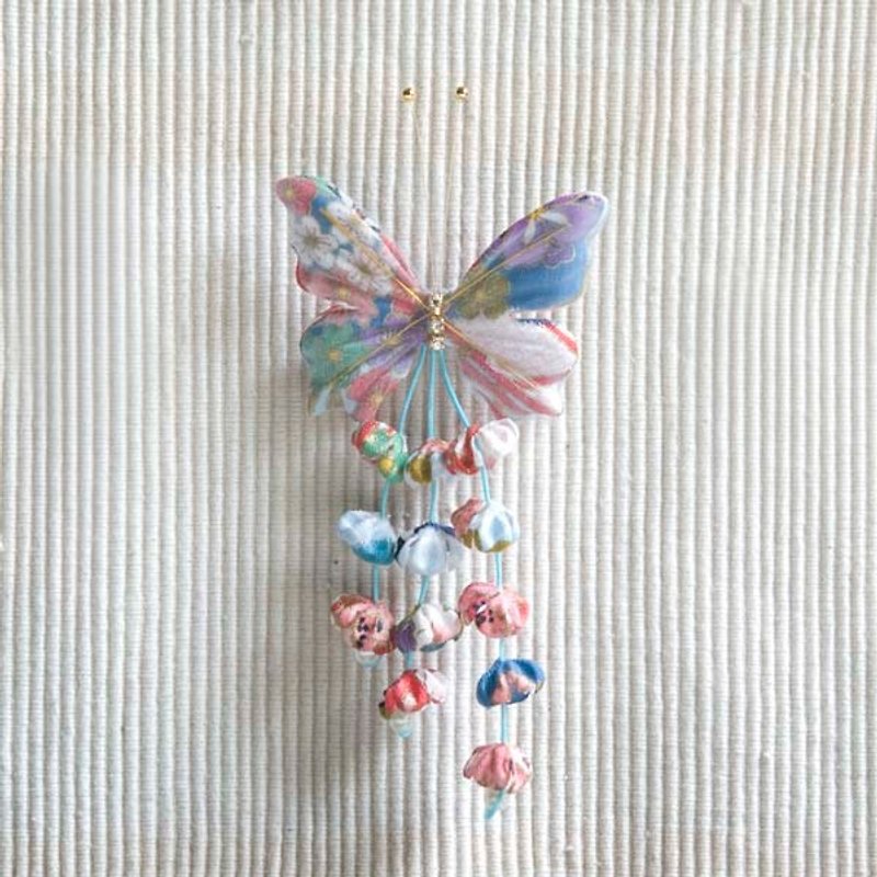 Cherry blossom, butterfly tassel, small side clip, brooch, bangs clip, dual-use styling small objects-blue - Hair Accessories - Cotton & Hemp Blue