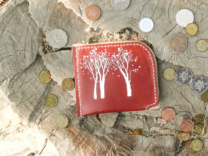 Non-impact bag snow white forest wine red vegetable tanned leather full leather L-shaped coin purse - กระเป๋าใส่เหรียญ - หนังแท้ สีแดง