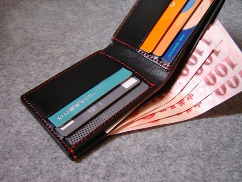YOURS leather short clip 7 card holder +1L clip + double banknote clip personality black + white line - Wallets - Genuine Leather 