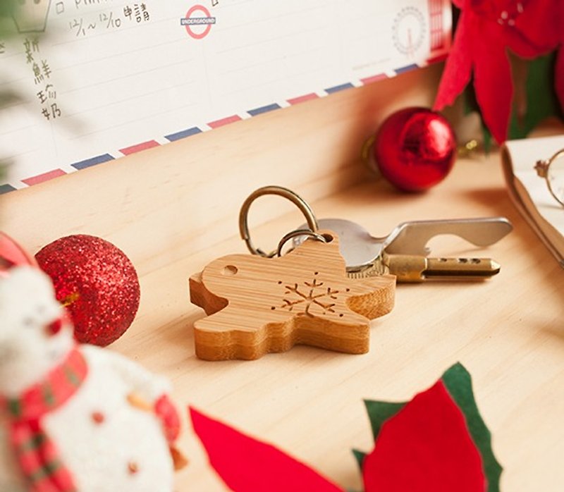 [Christmas gift] Snowflake Blue Bird / Key Ring Handmade Customized Merry Christmas - ที่ห้อยกุญแจ - ไม้ไผ่ สีนำ้ตาล