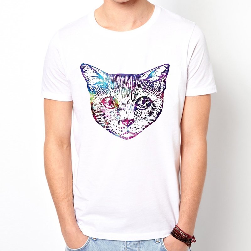 Cosmic Cat#2 Short Sleeve T-Shirt-White Cat Universe Design Milky Way Fashionable Round Triangle Wenqing - Men's T-Shirts & Tops - Other Materials White