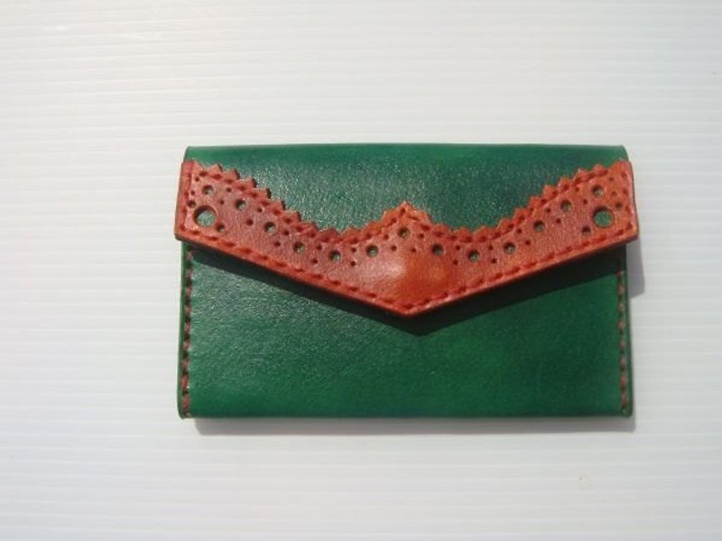 ISSIS-Leather Hand-stitched Classic Oxford Carving Shape Business Card Holder - Green Brown - Folders & Binders - Genuine Leather 