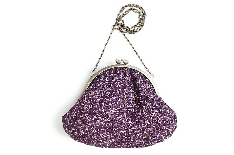 肩背包/珠釦口金包/紫色小碎花 - Messenger Bags & Sling Bags - Other Materials Purple