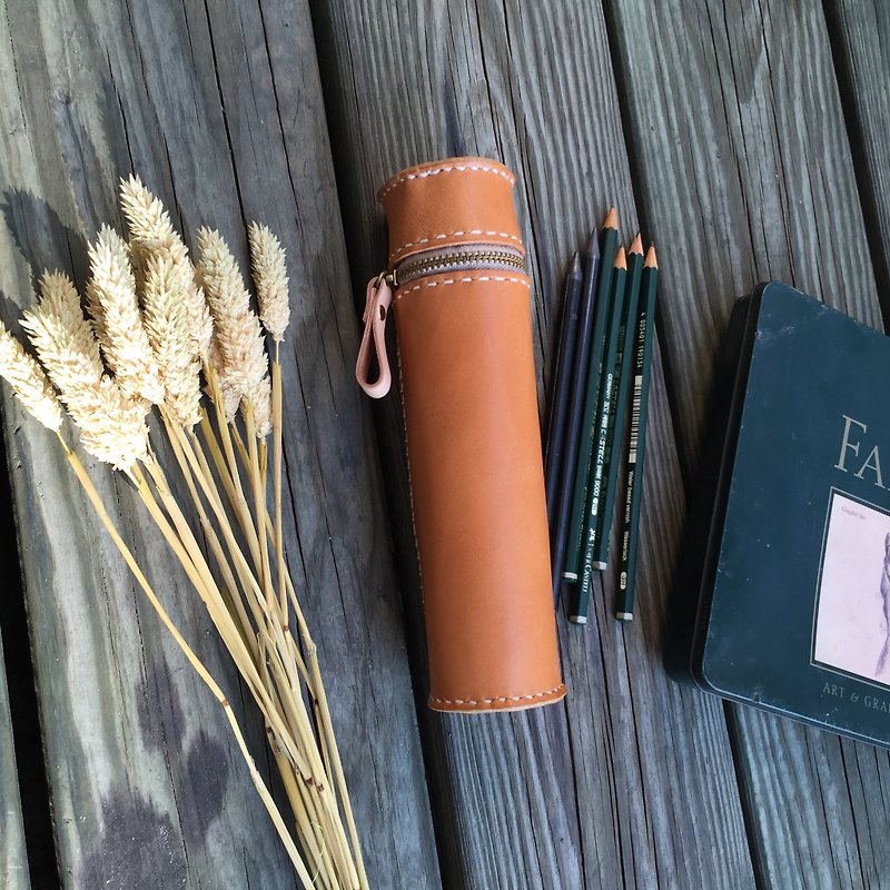 Cylinder vegetable tanned leather pencil case / Pen pouch -  Light tanned color - Pencil Cases - Genuine Leather Khaki