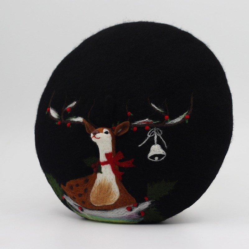 Christmas gift original handmade wool felt beret painter hat needle felt three-dimensional deer-black - หมวก - ขนแกะ สีดำ