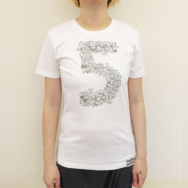 設計T-shirt | 5週年兔 清爽白 - 女 T 恤 - 棉．麻 白色