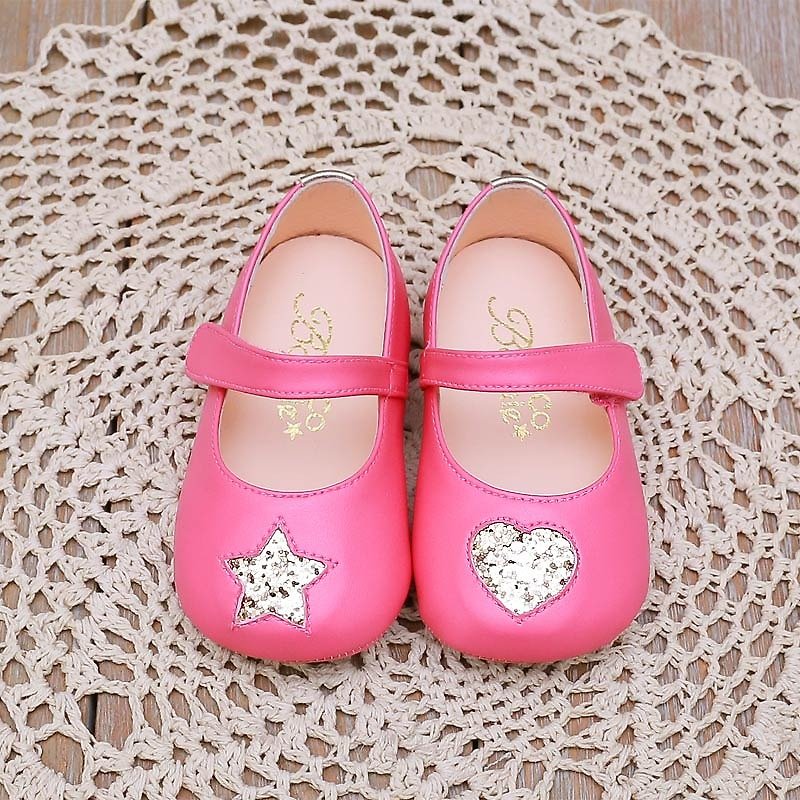 (零碼特價) 不對稱金蔥星心真皮內裡寶寶娃娃鞋-甜心桃 - 童裝鞋 - 真皮 粉紅色