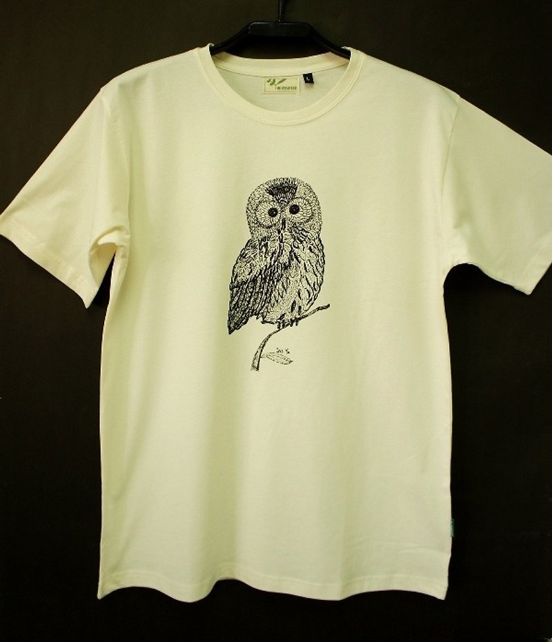 Yelu Organic Cotton [Owl] Unisex Short Sleeve - เสื้อยืดผู้ชาย - ผ้าฝ้าย/ผ้าลินิน ขาว