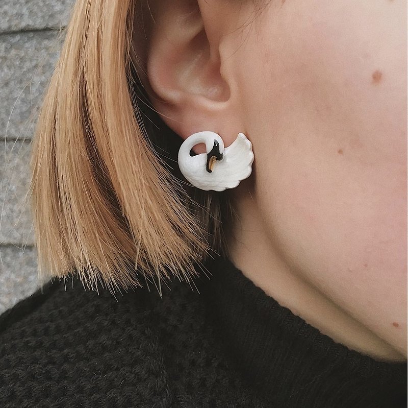Swan Earrings - Earrings & Clip-ons - Copper & Brass White