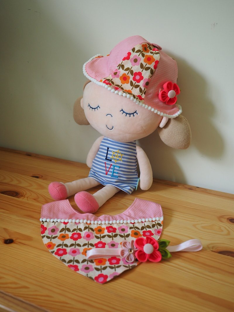 Handmade Hat/ bib/ hair clip set with little red flowers - Baby Hats & Headbands - Other Materials Pink