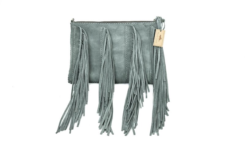 Cow suede fringed leather hand / shoulder bag - gray dawn - Handbags & Totes - Genuine Leather Gray