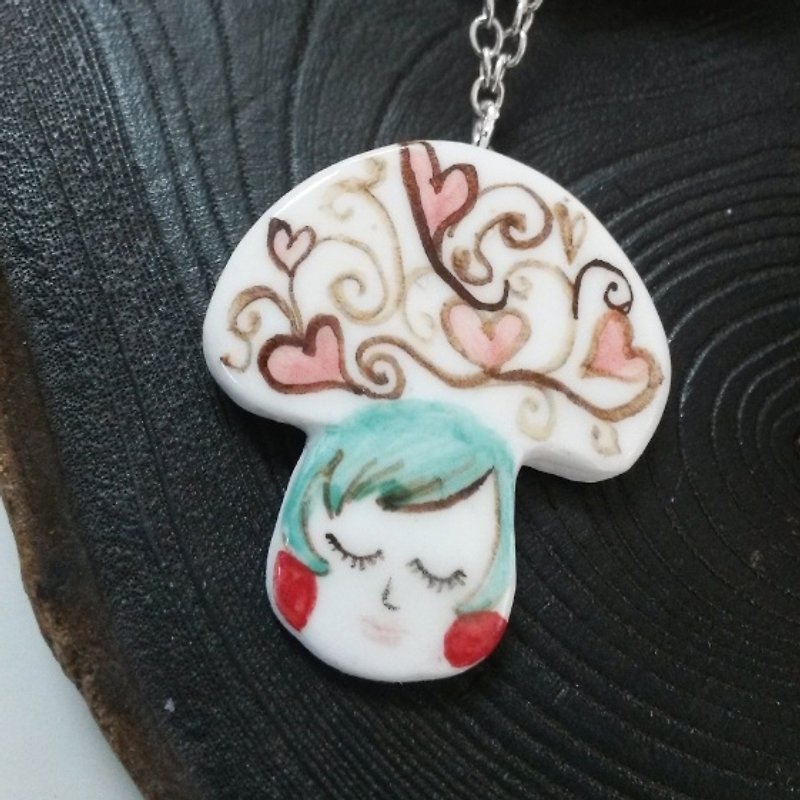 Lover mushroom- ceramic necklace - Necklaces - Porcelain Pink