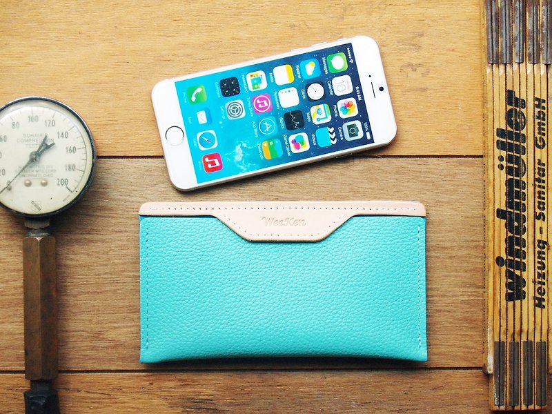 Leather Phone Case for iPhone 13 mini / SE3 ( Custom Name ) - Tiffany Blue - Clutch Bags - Genuine Leather Green