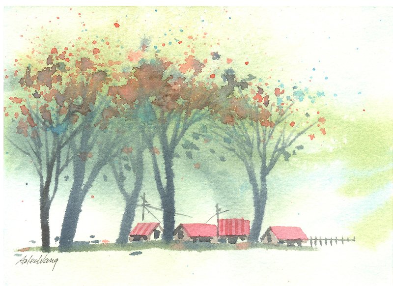 「療癒系樹林系列1-18」水彩手繪限量版明信片/賀卡 - カード・はがき - 紙 ブラック