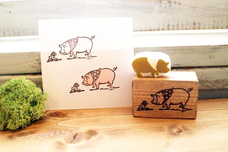豬和蘑菇 木頭印章＋橡皮擦印章組 - 印章/印台 - 木頭 咖啡色