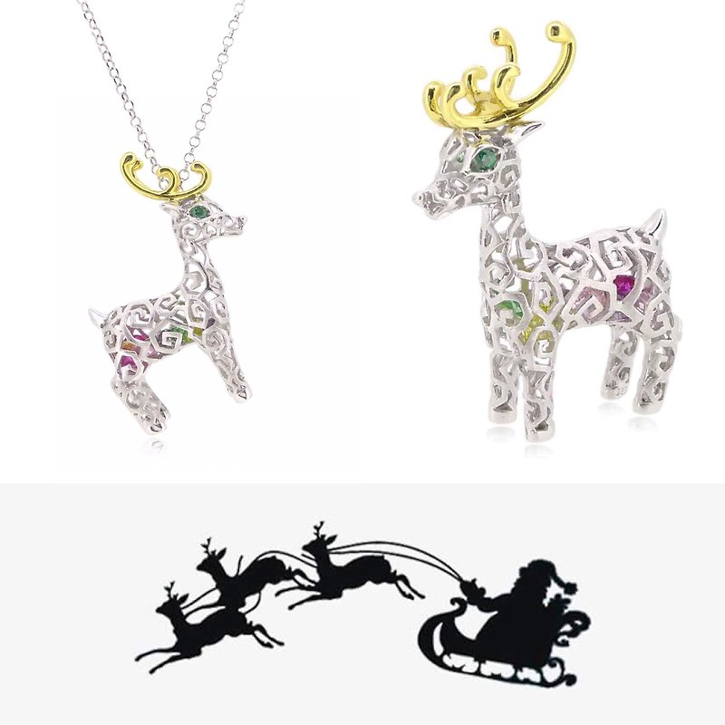 925 Silver Christmas Deer Pendant (BIG) With 24 inches Silver Necklace - สร้อยติดคอ - เงิน หลากหลายสี