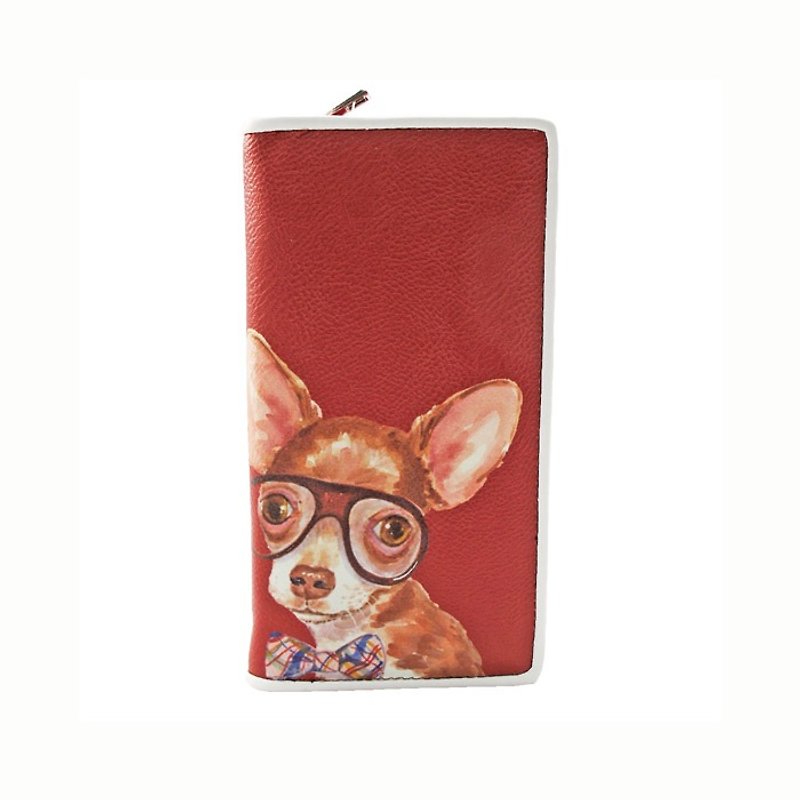 Ashley. M - Nerdy Chihuahua Bi-Fold Zip Around Wallet - red color - กระเป๋าสตางค์ - หนังแท้ สีแดง