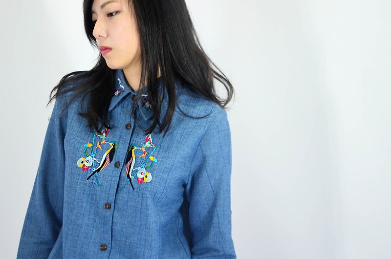 humming-繡花抽繩襯衫-Embroidered Drawstring Shirt-HWS1316-01 - เสื้อเชิ้ตผู้หญิง - ผ้าฝ้าย/ผ้าลินิน สีน้ำเงิน